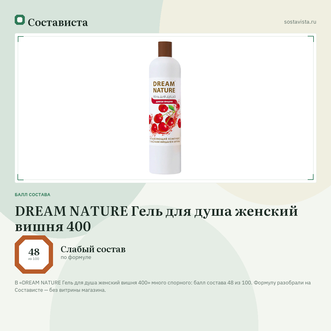 DREAM NATURE Гель для душа женский вишня 400: балл состава 48 из 100 — Состависта