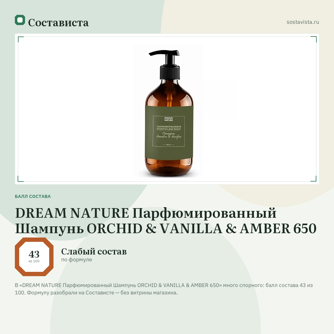 DREAM NATURE Парфюмированный Шампунь ORCHID & VANILLA & AMBER 650: балл состава 43 из 100 — Состависта
