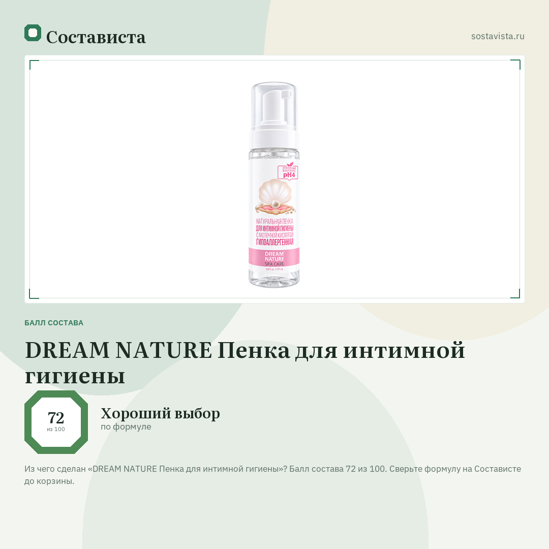 DREAM NATURE Пенка для интимной гигиены: балл состава 72 из 100 — Состависта