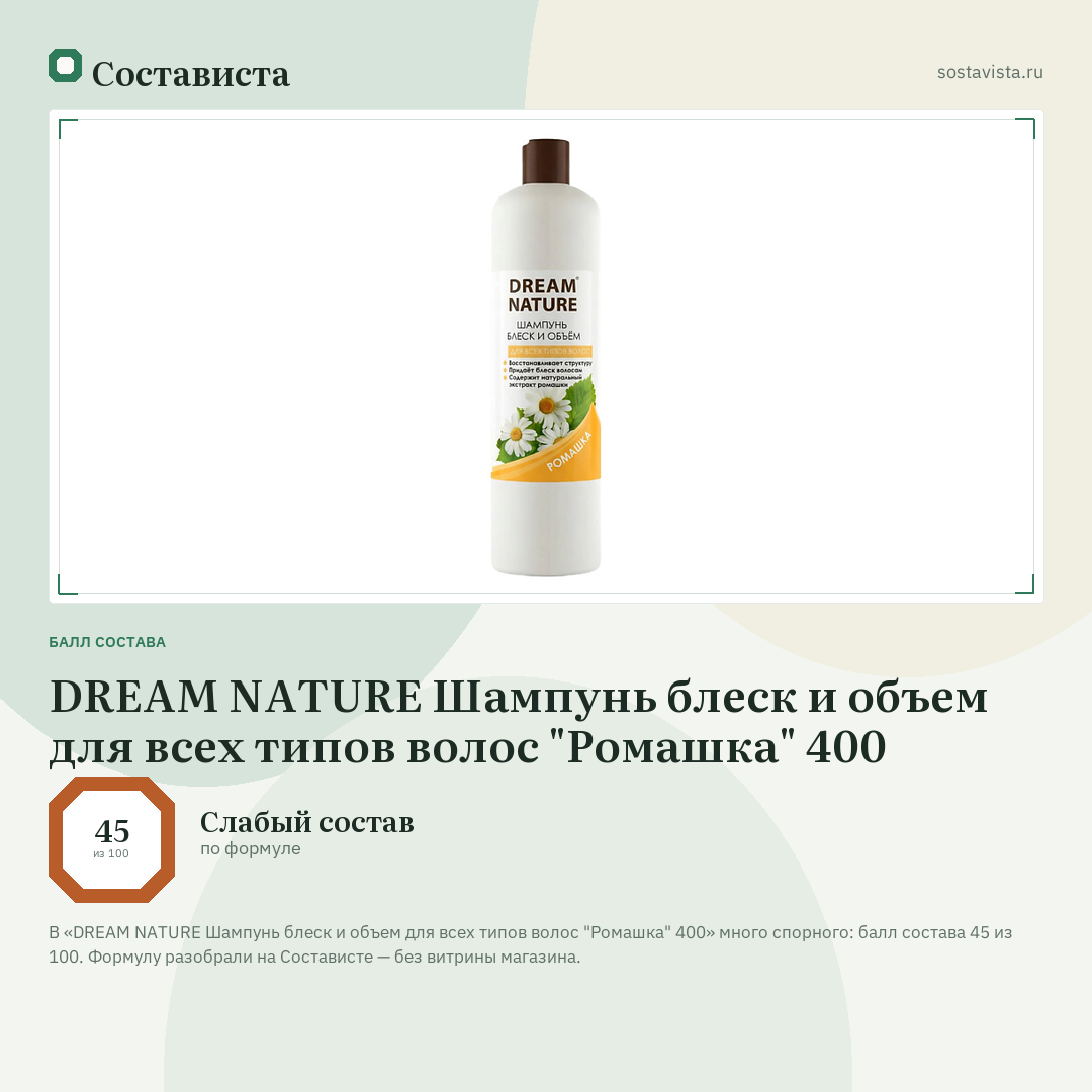DREAM NATURE Шампунь блеск и объем для всех типов волос "Ромашка" 400: балл состава 45 из 100 — Состависта