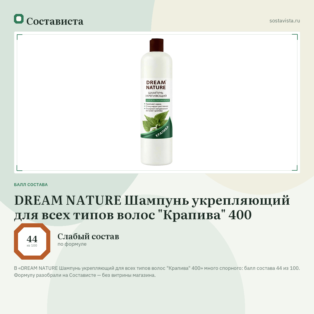 DREAM NATURE Шампунь укрепляющий для всех типов волос "Крапива" 400: балл состава 44 из 100 — Состависта