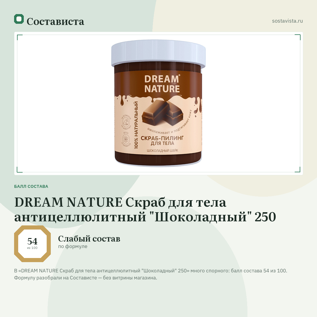 DREAM NATURE Скраб для тела антицеллюлитный "Шоколадный" 250: балл состава 54 из 100 — Состависта