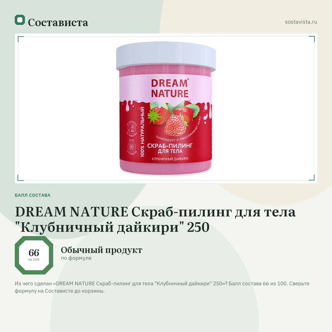 DREAM NATURE Скраб-пилинг для тела "Клубничный дайкири" 250: балл состава 66 из 100 — Состависта