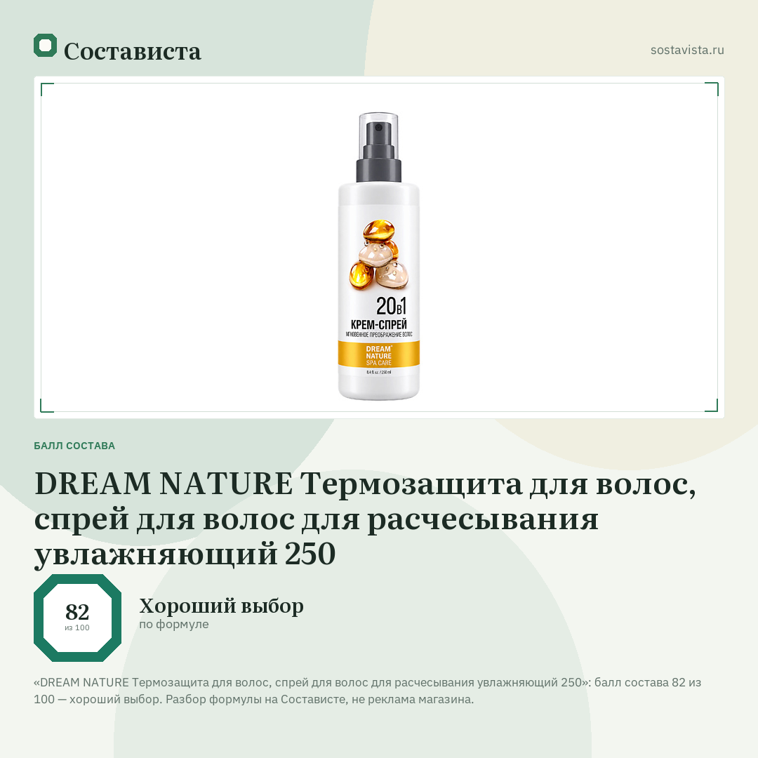 DREAM NATURE Термозащита для волос, спрей для волос для расчесывания увлажняющий 250: балл состава 82 из 100 — Состависта