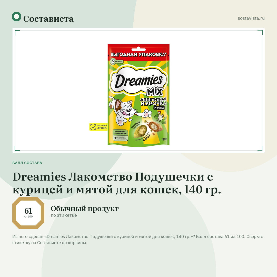 Dreamies Лакомство Подушечки с курицей и мятой для кошек, 140 гр.: балл состава 61 из 100 — Состависта