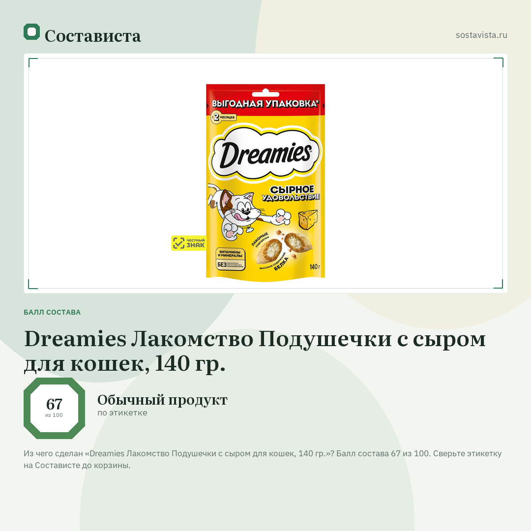Dreamies Лакомство Подушечки с сыром для кошек, 140 гр.: балл состава 67 из 100 — Состависта