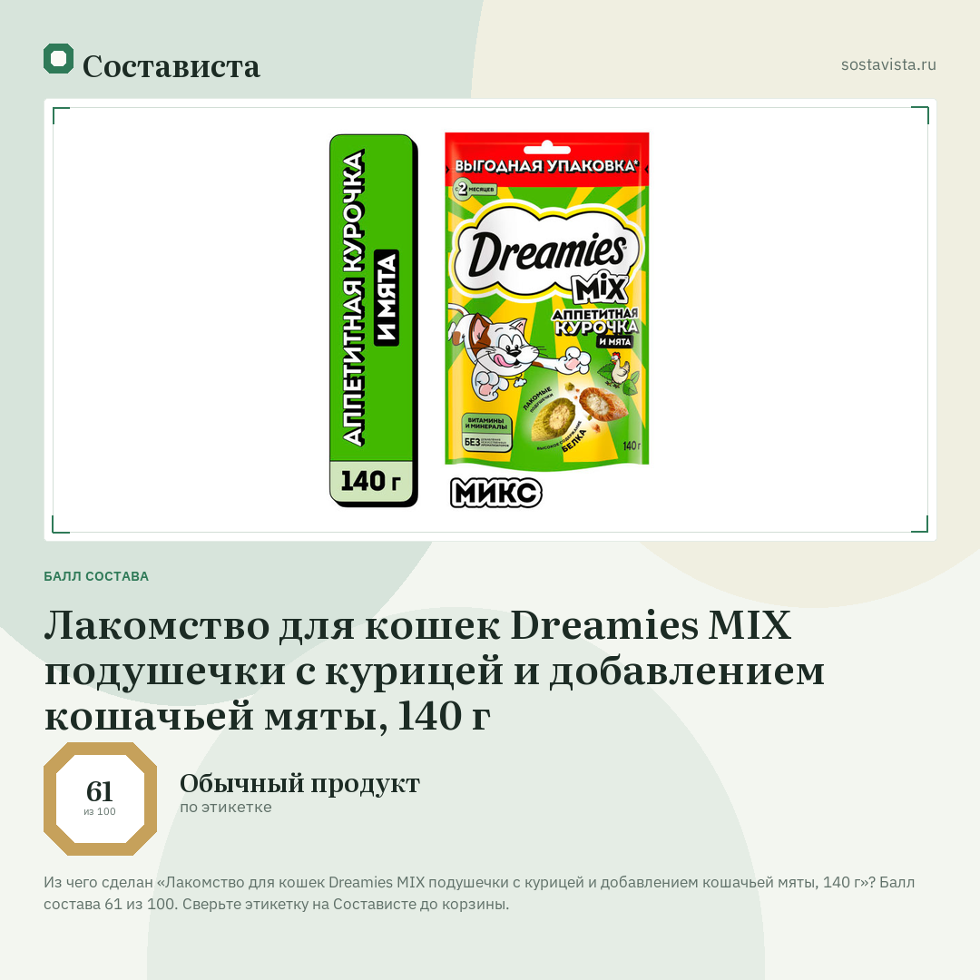 Лакомство для кошек Dreamies MIX подушечки с курицей и добавлением кошачьей мяты, 140 г: балл состава 61 из 100 — Состависта