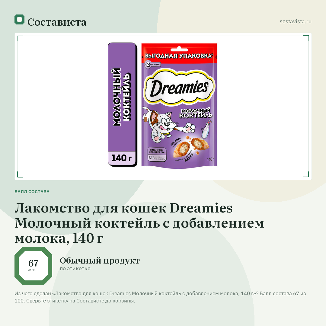 Лакомство для кошек Dreamies Молочный коктейль с добавлением молока, 140 г: балл состава 67 из 100 — Состависта