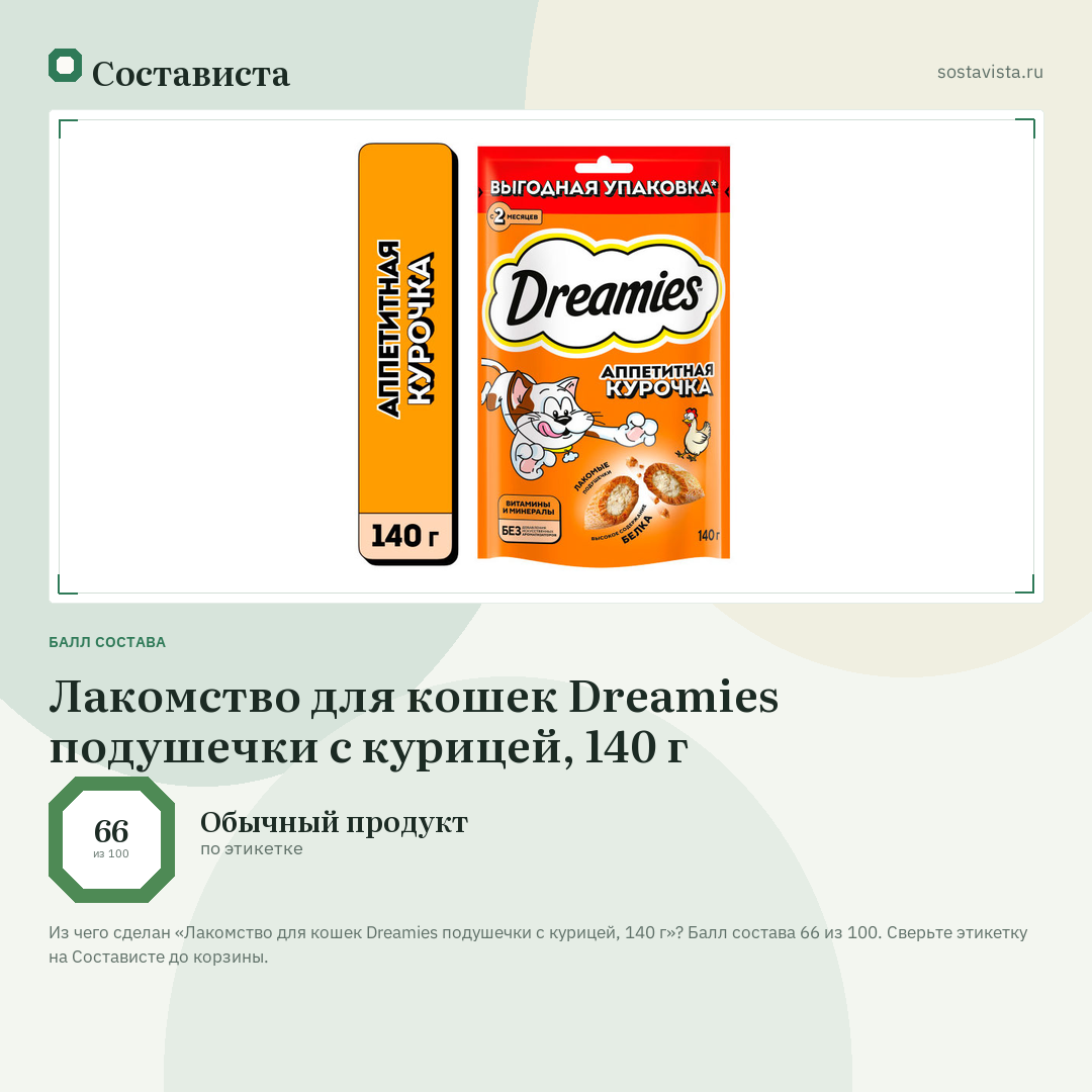 Лакомство для кошек Dreamies подушечки с курицей, 140 г: балл состава 66 из 100 — Состависта