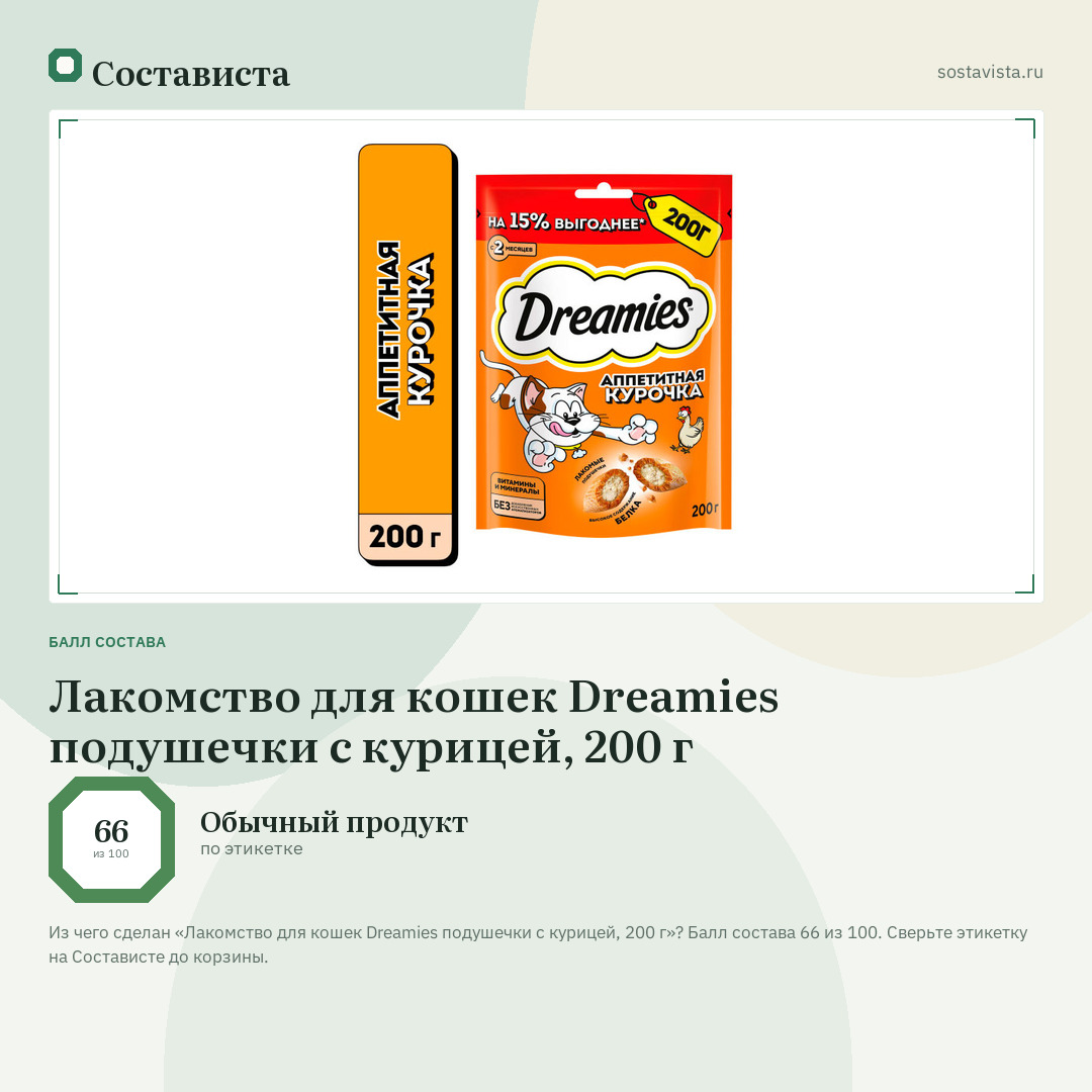 Лакомство для кошек Dreamies подушечки с курицей, 200 г: балл состава 66 из 100 — Состависта