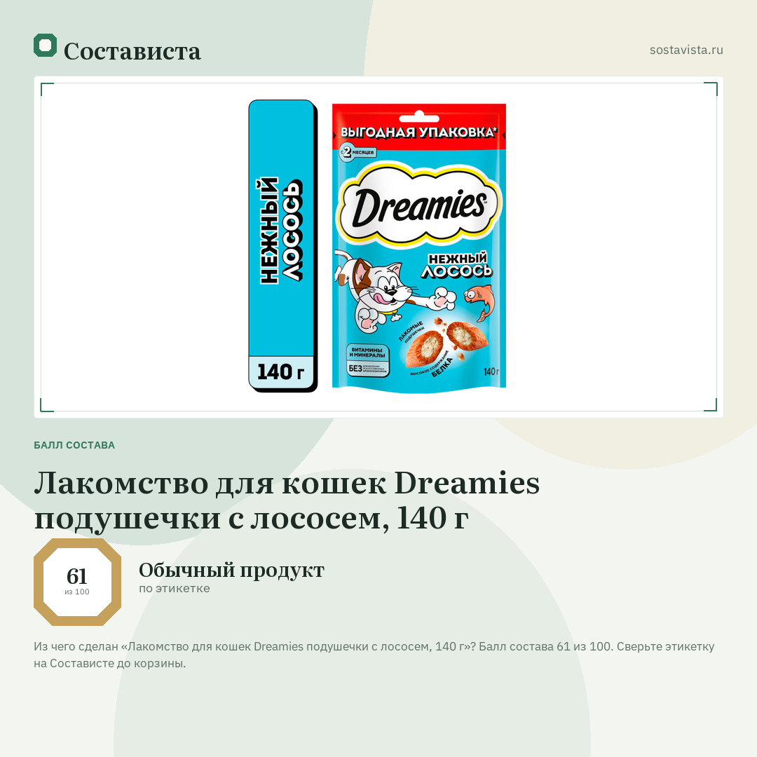 Лакомство для кошек Dreamies подушечки с лососем, 140 г: балл состава 61 из 100 — Состависта