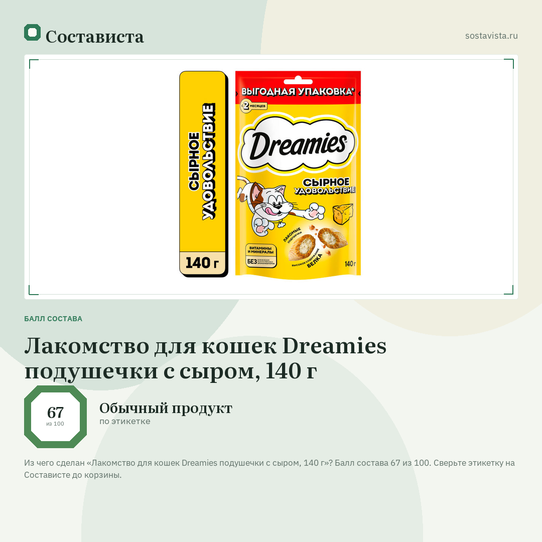 Лакомство для кошек Dreamies подушечки с сыром, 140 г: балл состава 67 из 100 — Состависта