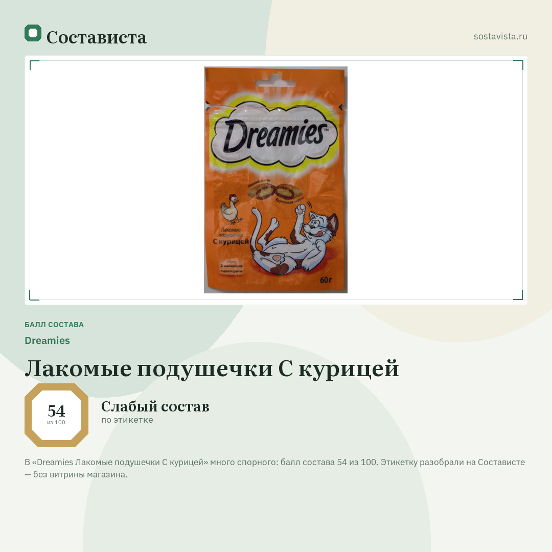Dreamies Лакомые подушечки С курицей: балл состава 54 из 100 — Состависта