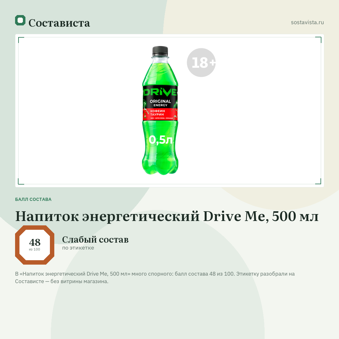 Напиток энергетический Drive Me, 500 мл: балл состава 48 из 100 — Состависта