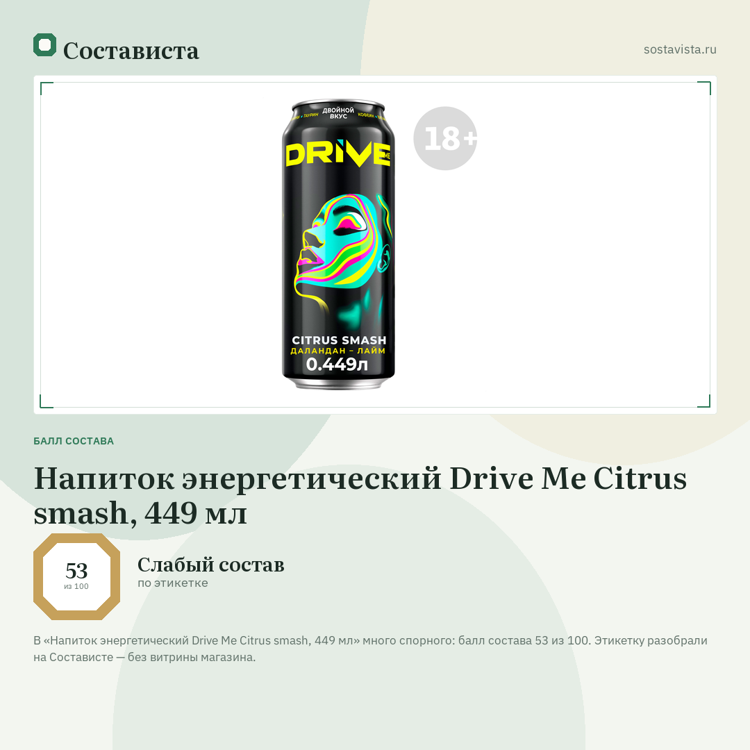 Напиток энергетический Drive Me Citrus smash, 449 мл: балл состава 53 из 100 — Состависта
