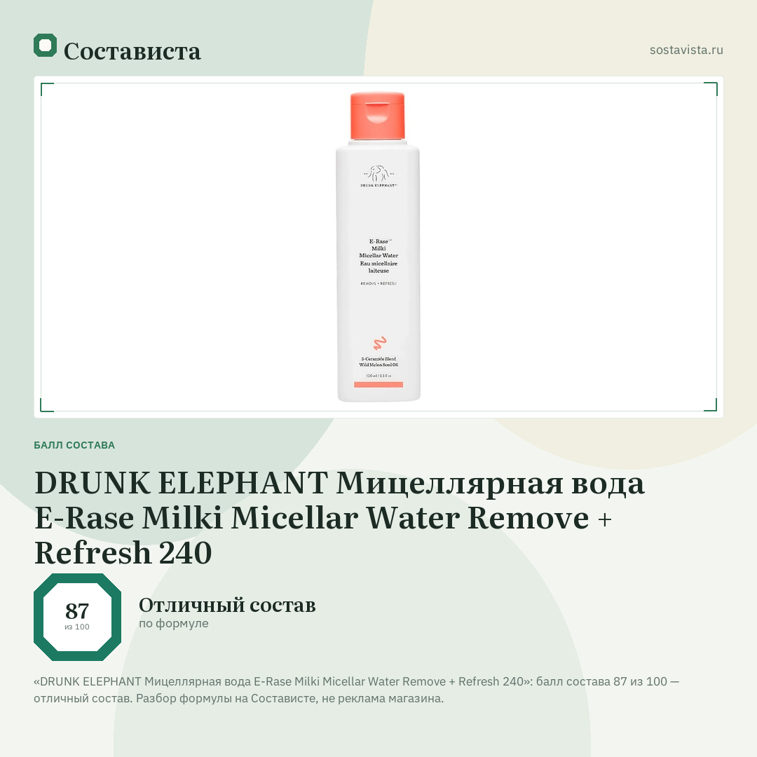 DRUNK ELEPHANT Мицеллярная вода E-Rase Milki Micellar Water Remove + Refresh 240: балл состава 87 из 100 — Состависта