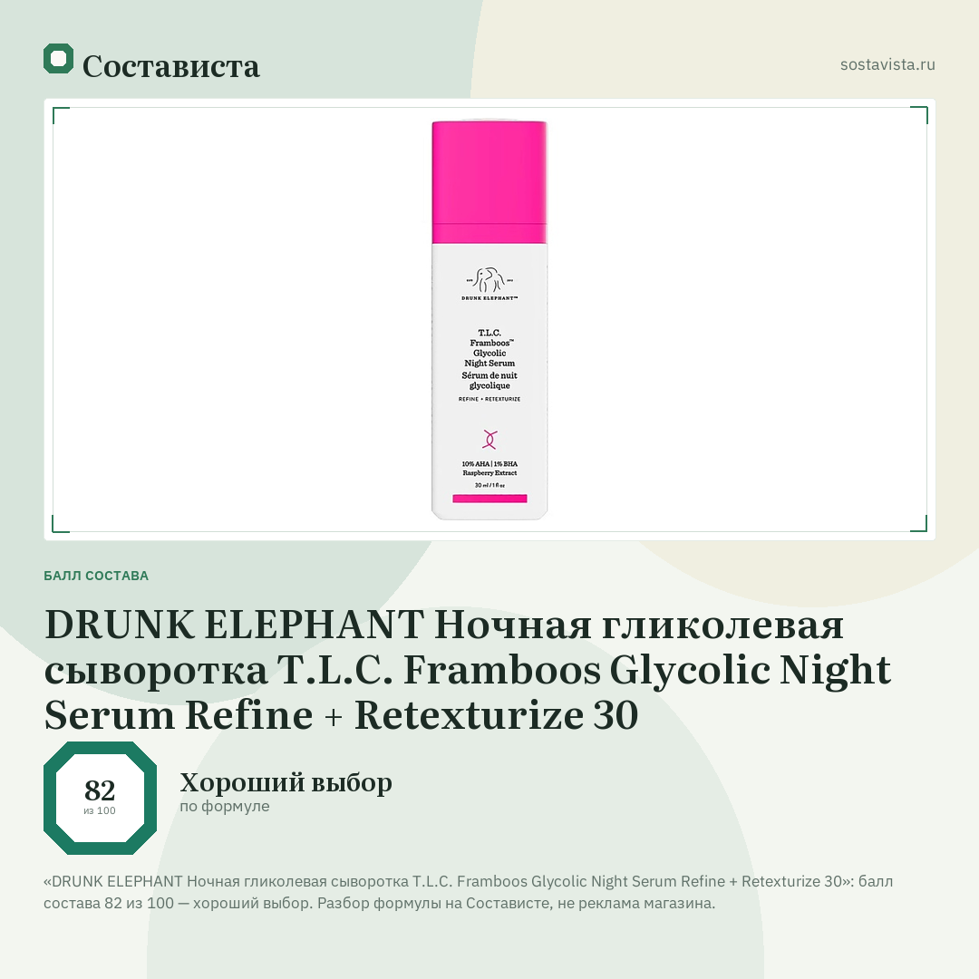 DRUNK ELEPHANT Ночная гликолевая сыворотка T.L.C. Framboos Glycolic Night Serum Refine + Retexturize 30: балл состава 82 из 100 — Состависта