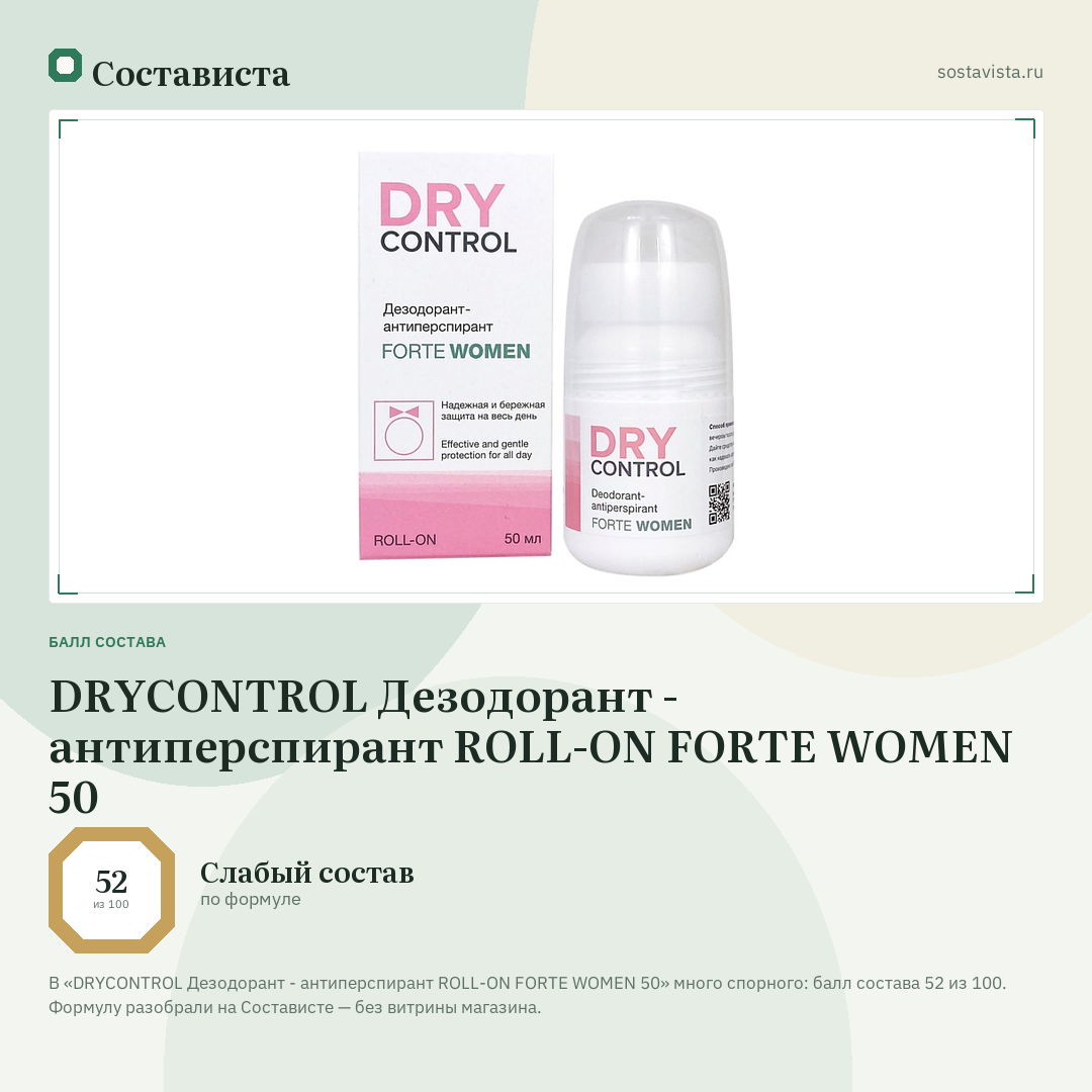 DRYCONTROL Дезодорант - антиперспирант ROLL-ON FORTE WOMEN 50: балл состава 52 из 100 — Состависта