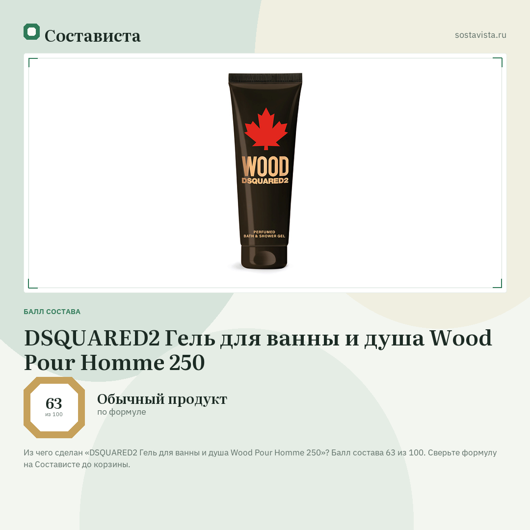 DSQUARED2 Гель для ванны и душа Wood Pour Homme 250: балл состава 63 из 100 — Состависта