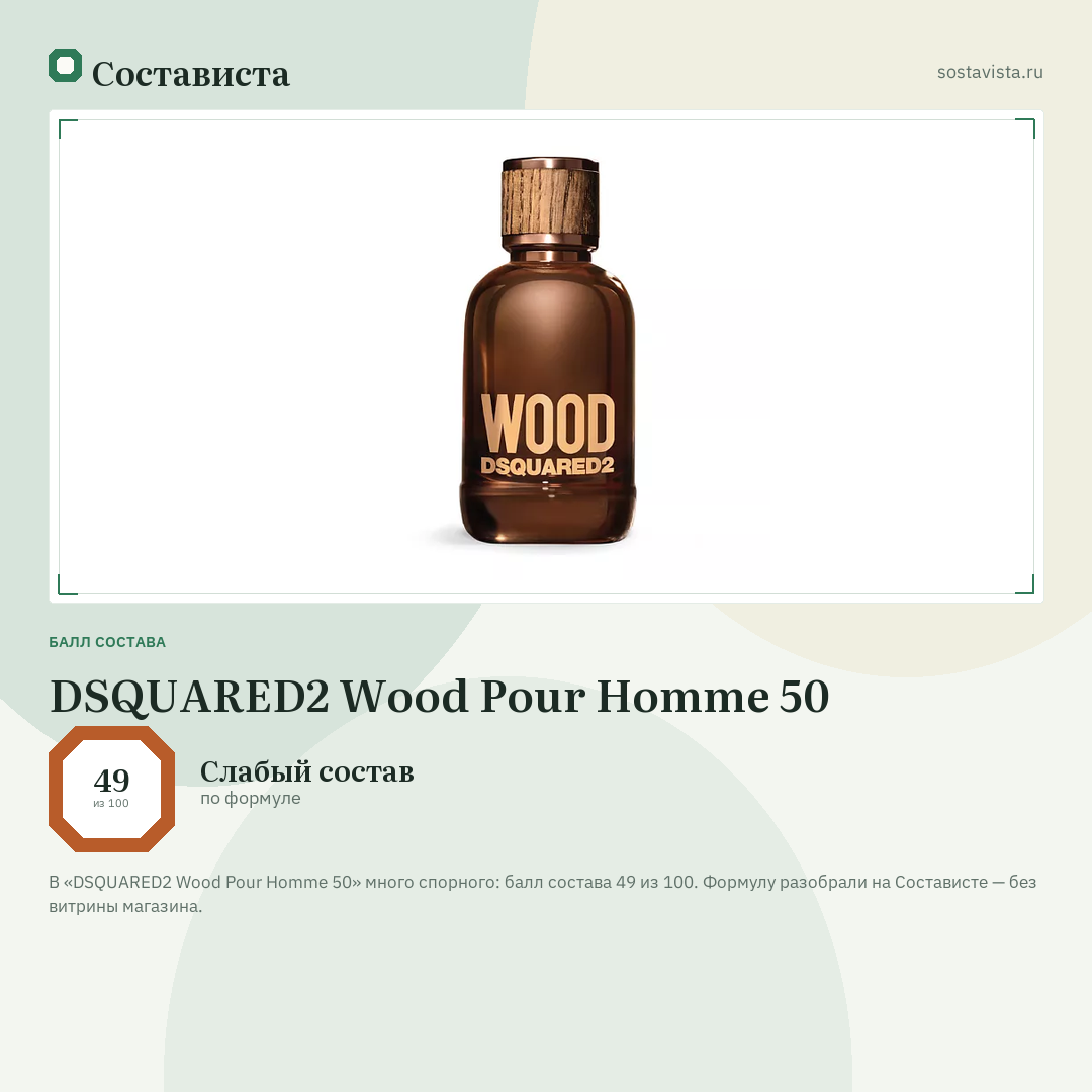 DSQUARED2 Wood Pour Homme 50: балл состава 49 из 100 — Состависта