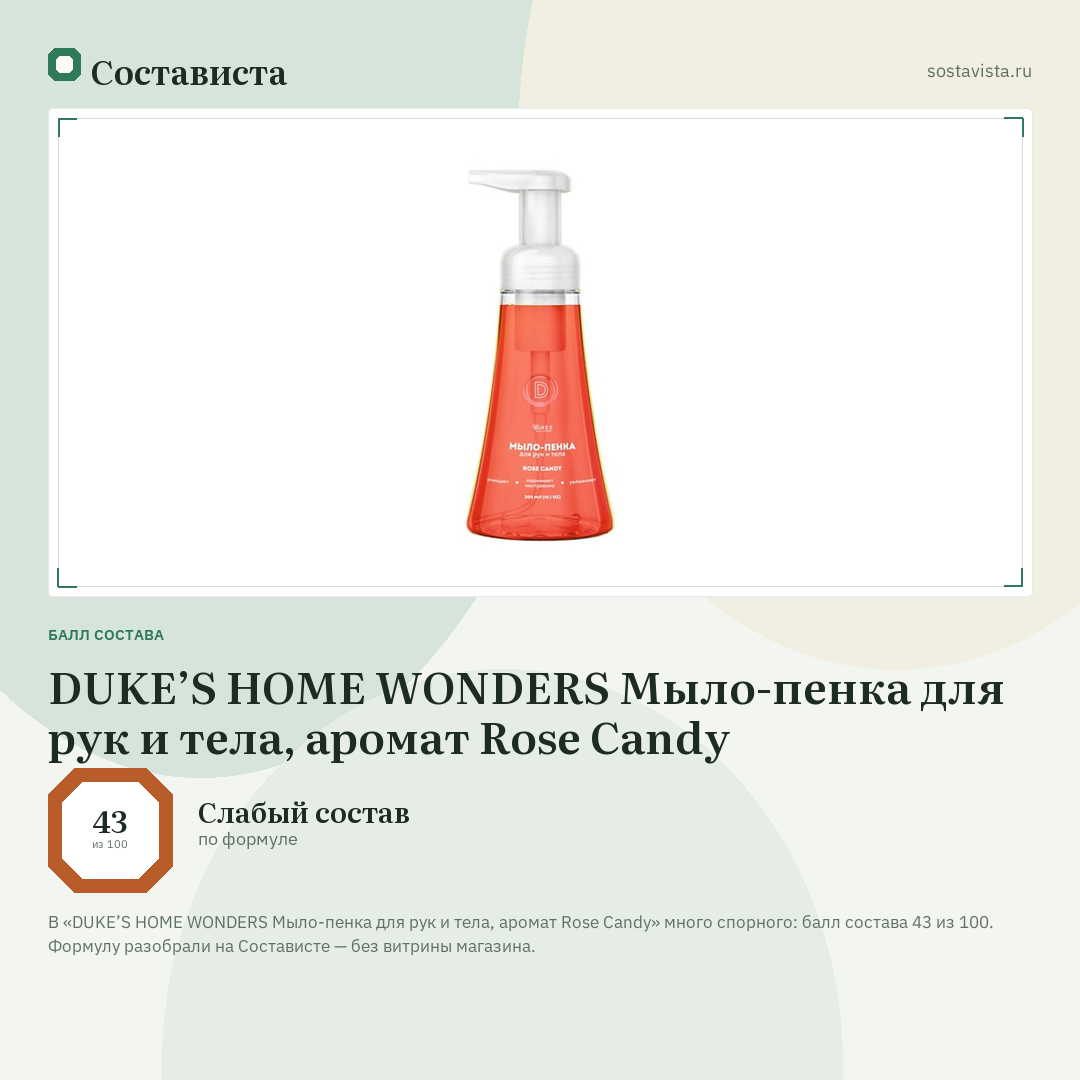 DUKE’S HOME WONDERS Мыло-пенка для рук и тела, аромат Rose Candy: балл состава 43 из 100 — Состависта