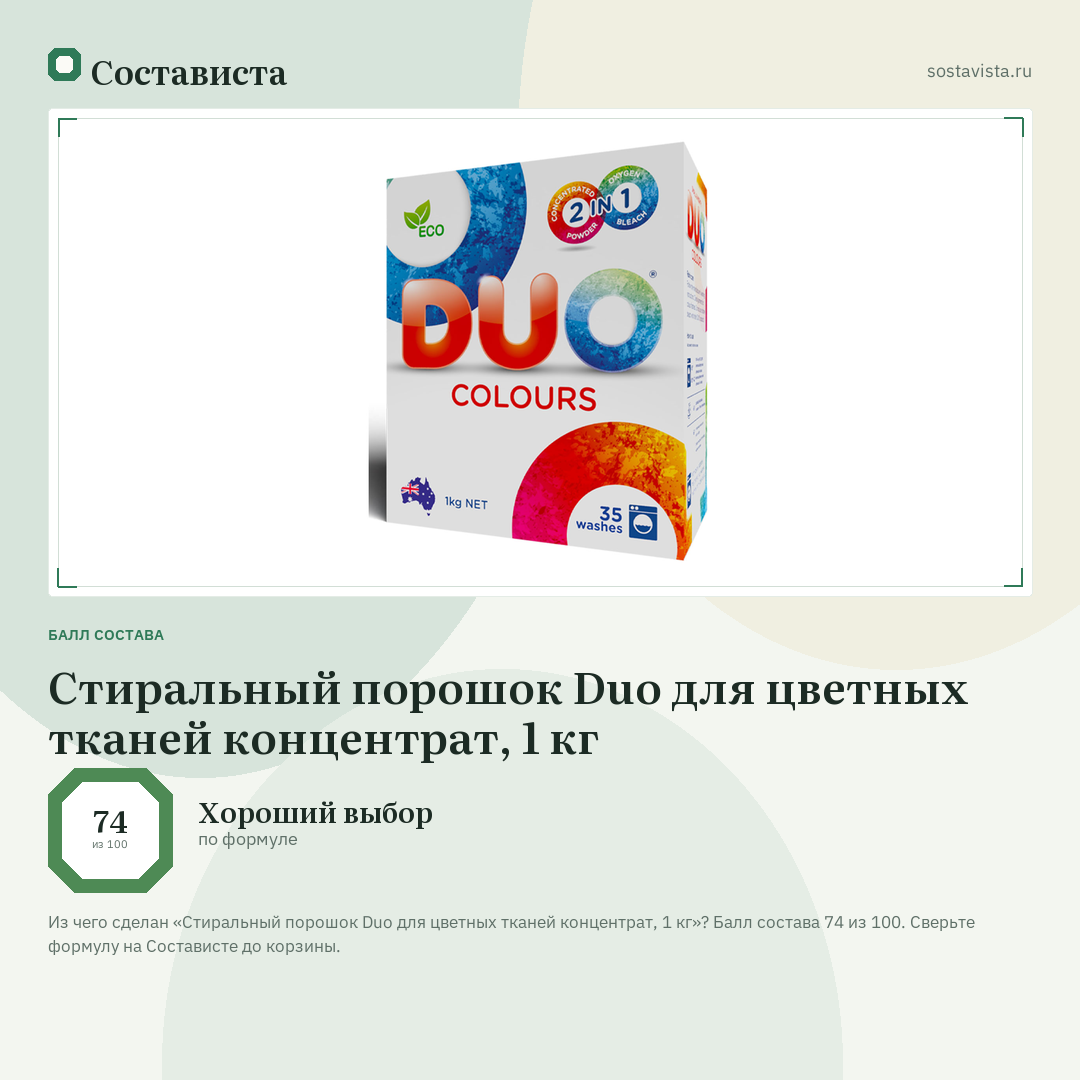 Стиральный порошок Duo для цветных тканей концентрат, 1 кг: балл состава 74 из 100 — Состависта