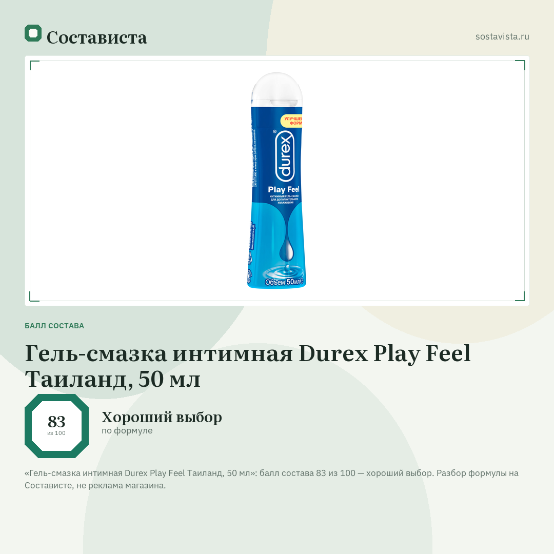 Гель-смазка интимная Durex Play Feel Таиланд, 50 мл: балл состава 83 из 100 — Состависта
