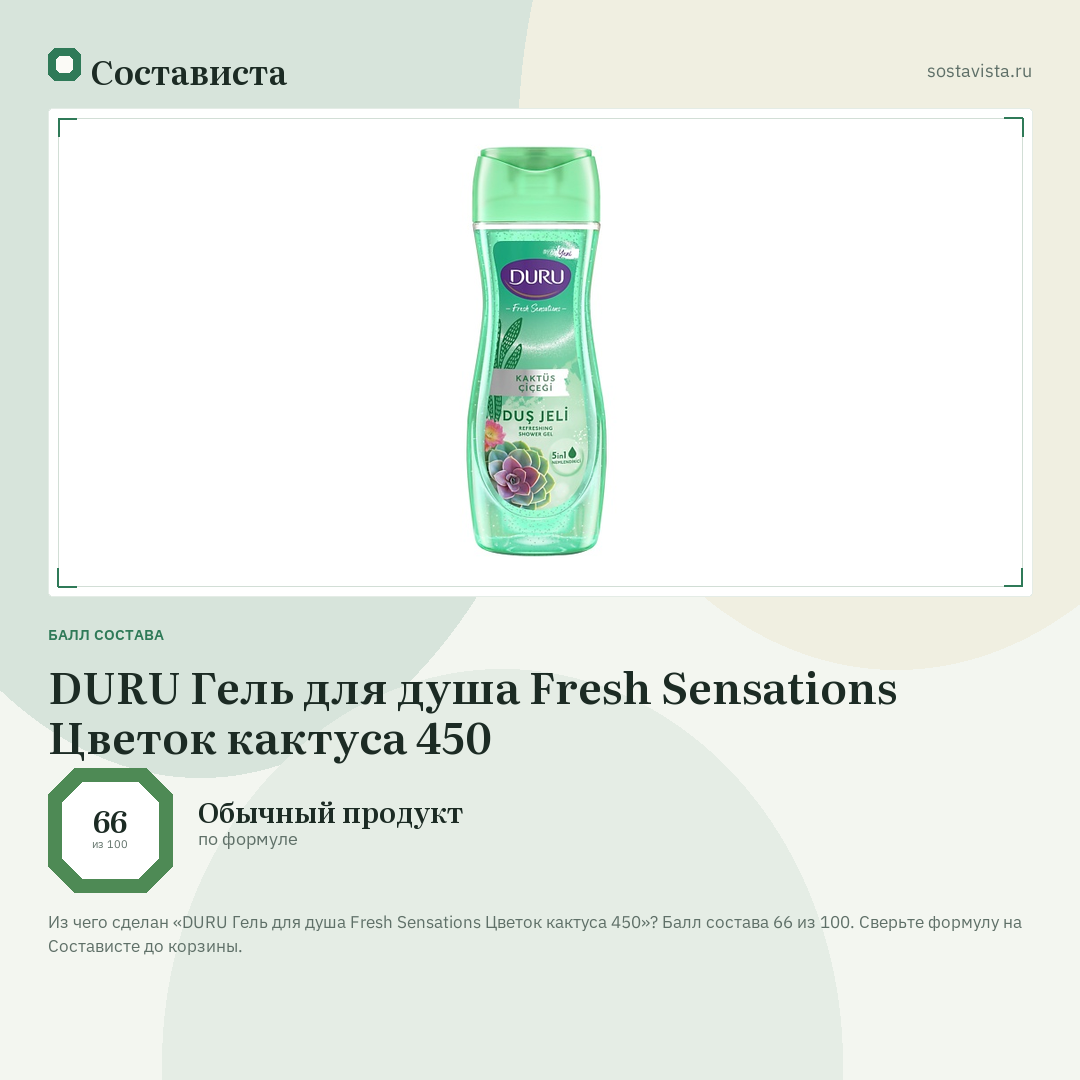 DURU Гель для душа Fresh Sensations Цветок кактуса 450: балл состава 66 из 100 — Состависта