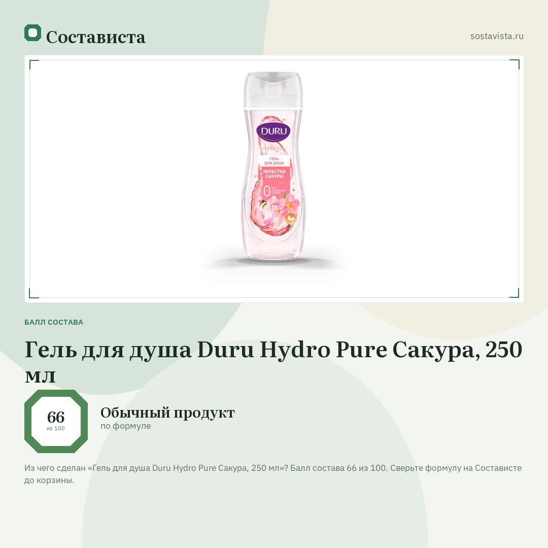 Гель для душа Duru Hydro Pure Сакура, 250 мл: балл состава 66 из 100 — Состависта