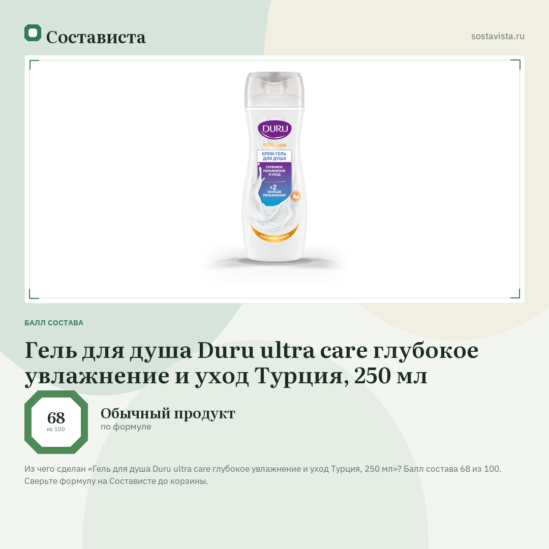 Гель для душа Duru ultra care глубокое увлажнение и уход Турция, 250 мл: балл состава 68 из 100 — Состависта