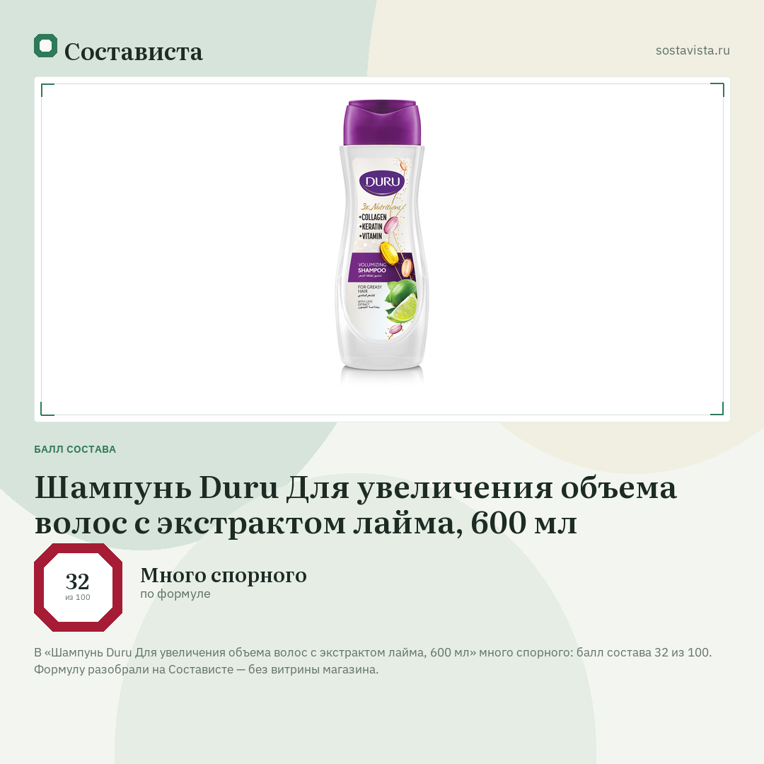 Шампунь Duru Для увеличения объема волос с экстрактом лайма, 600 мл: балл состава 32 из 100 — Состависта