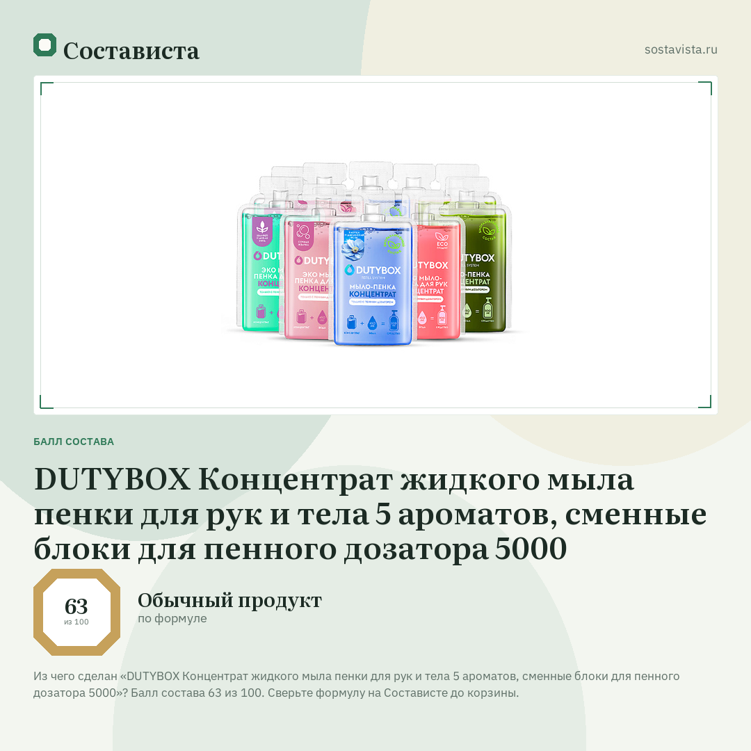 DUTYBOX Концентрат жидкого мыла пенки для рук и тела 5 ароматов, сменные блоки для пенного дозатора 5000: балл состава 63 из 100 — Состависта