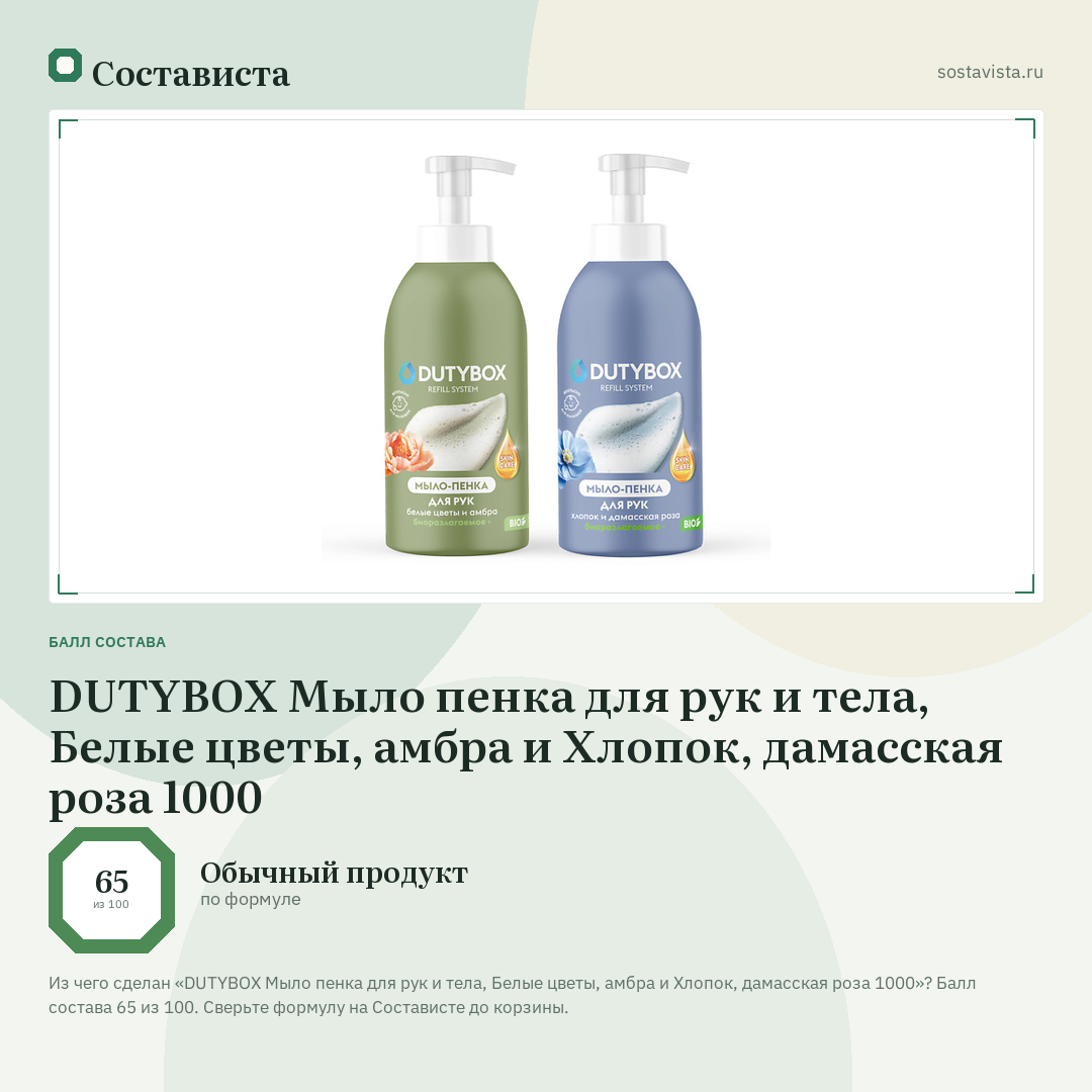 DUTYBOX Мыло пенка для рук и тела, Белые цветы, амбра и Хлопок, дамасская роза 1000: балл состава 65 из 100 — Состависта