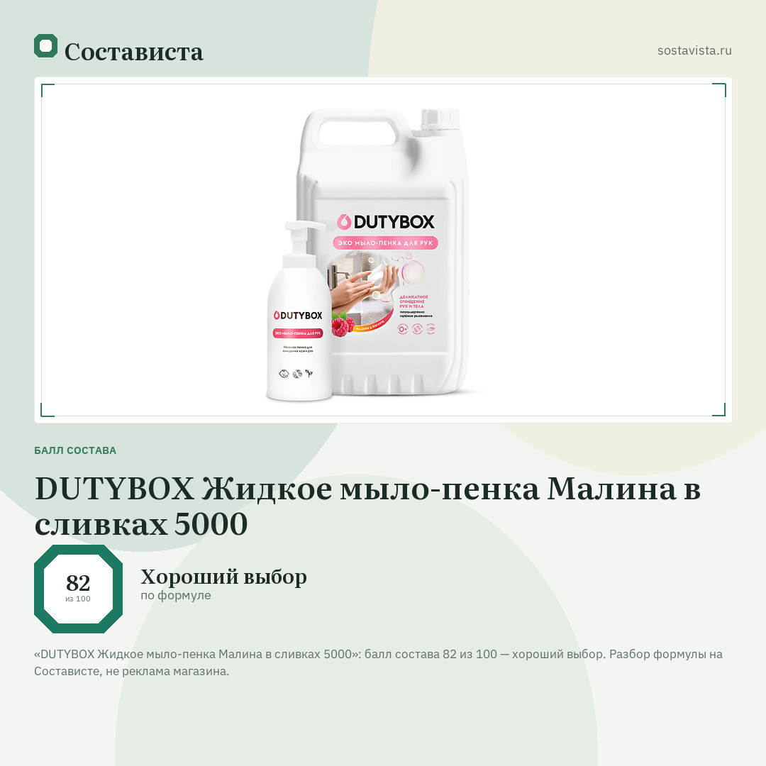DUTYBOX Жидкое мыло-пенка Малина в сливках 5000: балл состава 82 из 100 — Состависта