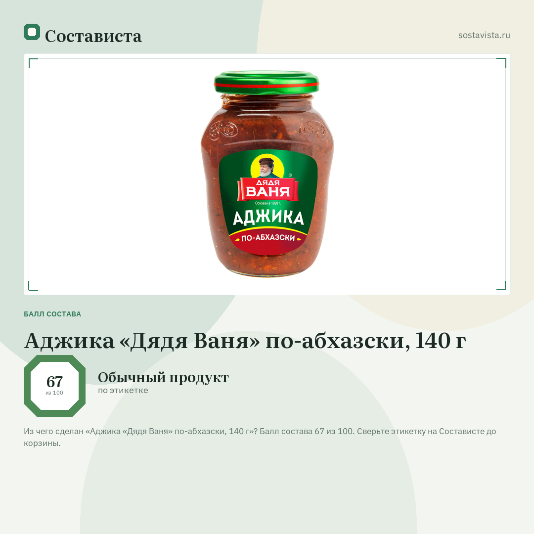 Аджика «Дядя Ваня» по-абхазски, 140 г: балл состава 67 из 100 — Состависта