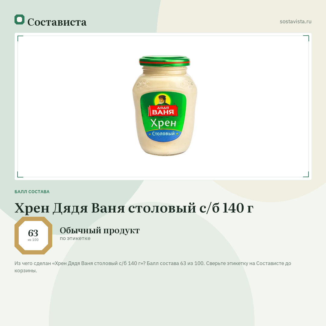 Хрен Дядя Ваня столовый с/б 140 г: балл состава 63 из 100 — Состависта