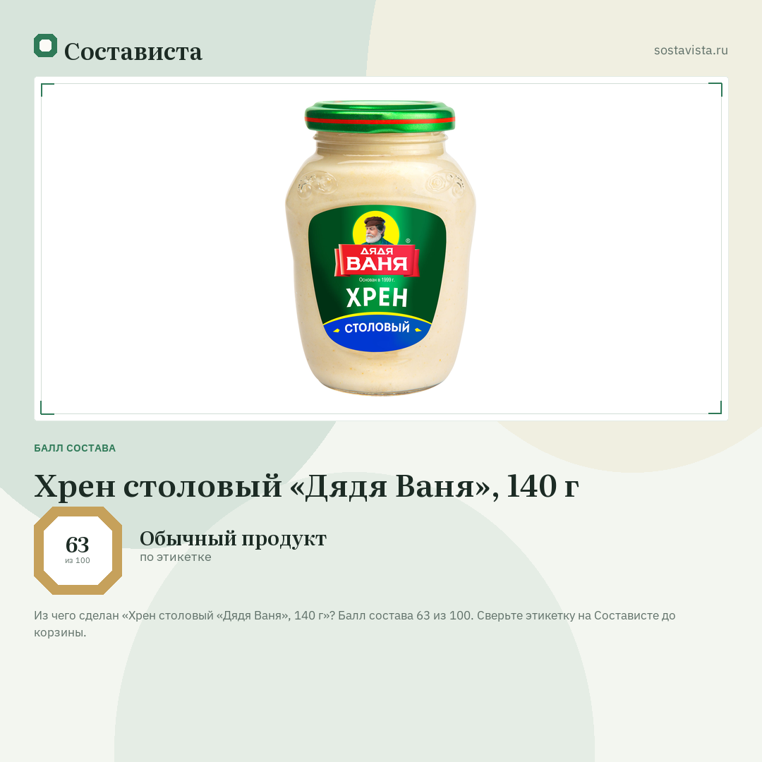 Хрен столовый «Дядя Ваня», 140 г: балл состава 63 из 100 — Состависта