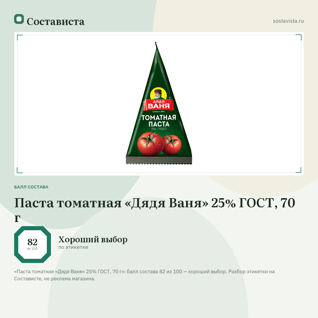 Паста томатная «Дядя Ваня» 25% ГОСТ, 70 г: балл состава 82 из 100 — Состависта