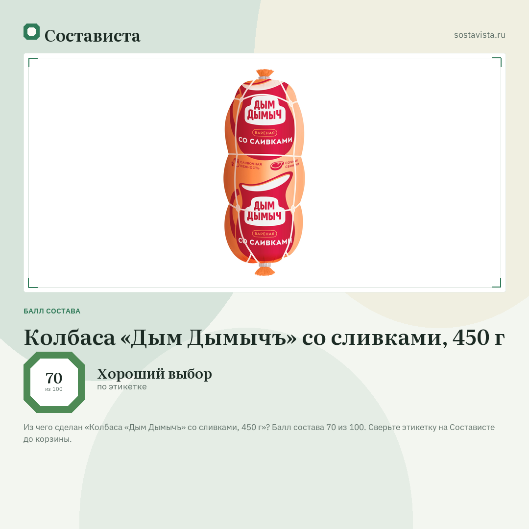 Колбаса «Дым Дымычъ» со сливками, 450 г: балл состава 70 из 100 — Состависта