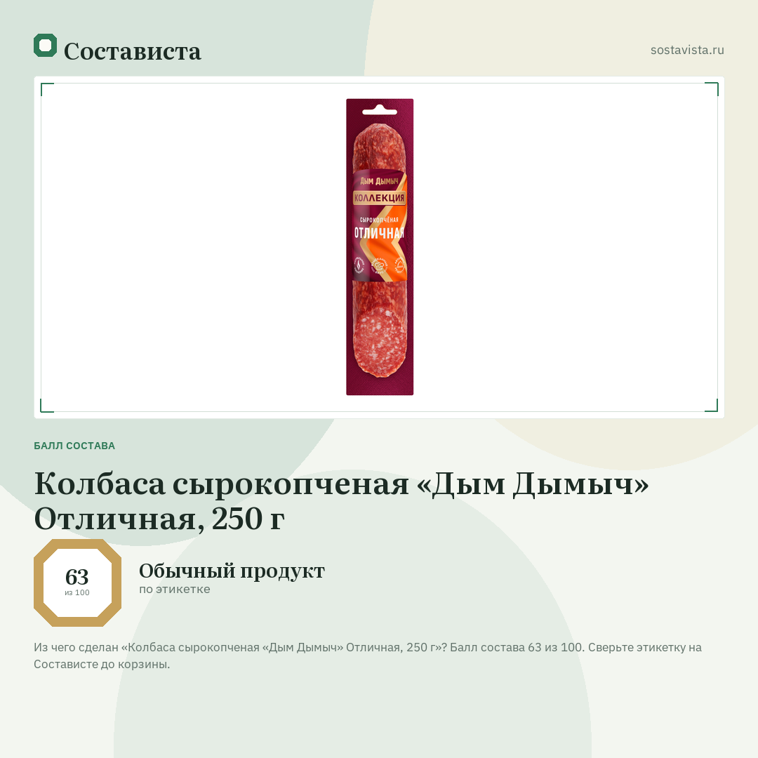 Колбаса сырокопченая «Дым Дымыч» Отличная, 250 г: балл состава 63 из 100 — Состависта