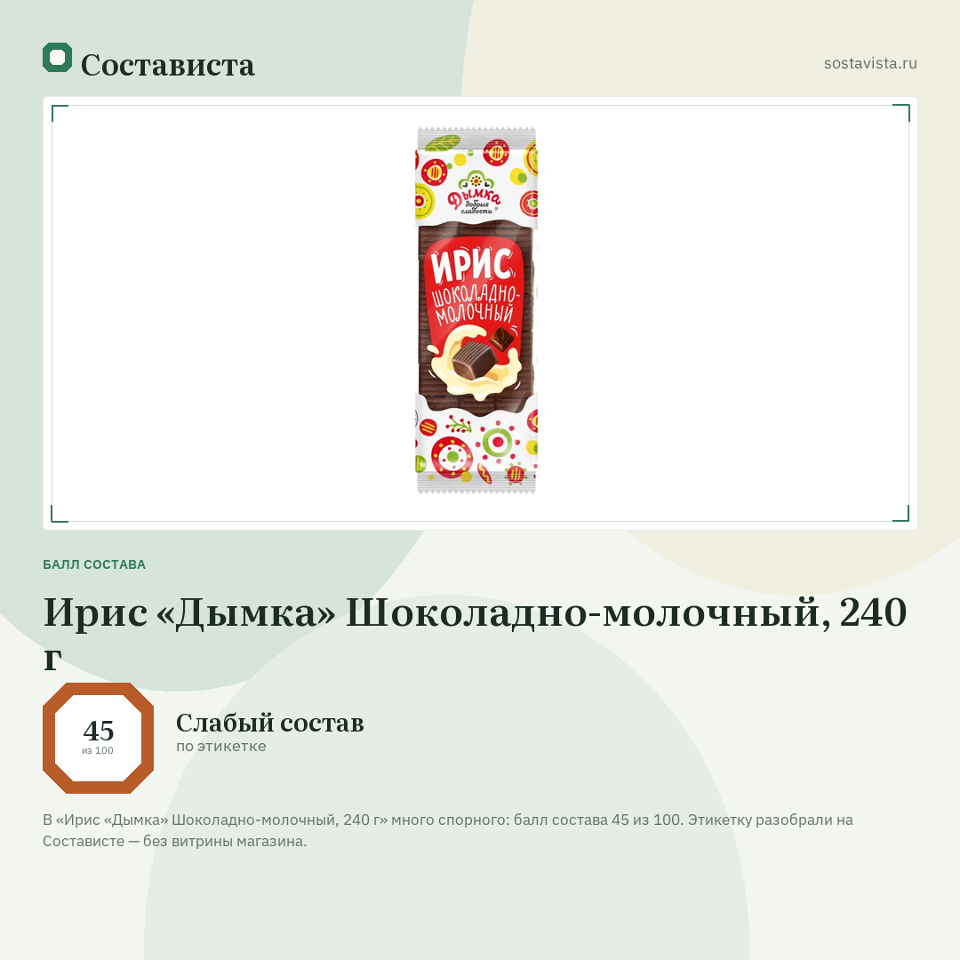 Ирис «Дымка» Шоколадно-молочный, 240 г: балл состава 45 из 100 — Состависта