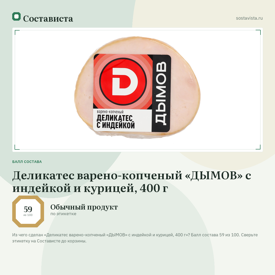 Деликатес варено-копченый «ДЫМОВ» с индейкой и курицей, 400 г: балл состава 59 из 100 — Состависта