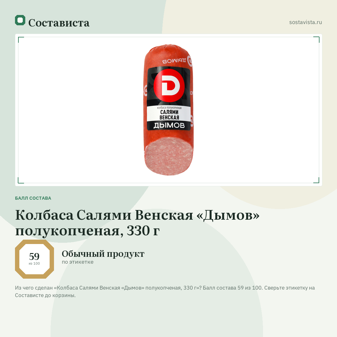 Колбаса Салями Венская «Дымов» полукопченая, 330 г: балл состава 59 из 100 — Состависта