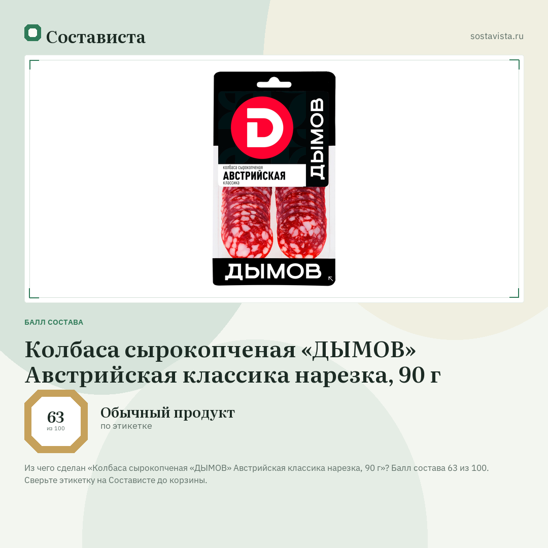 Колбаса сырокопченая «ДЫМОВ» Австрийская классика нарезка, 90 г: балл состава 63 из 100 — Состависта
