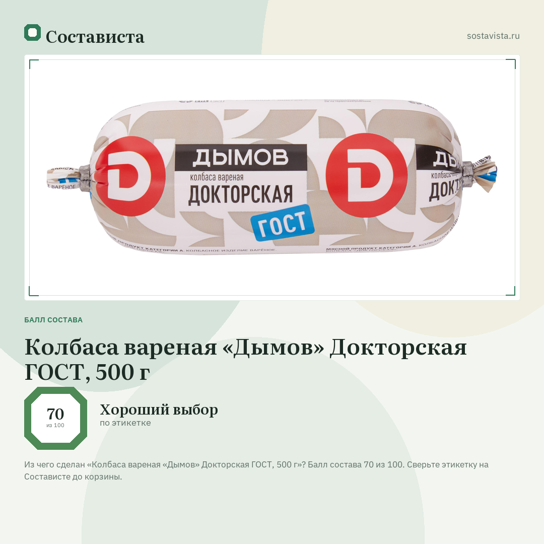 Колбаса вареная «Дымов» Докторская ГОСТ, 500 г: балл состава 70 из 100 — Состависта