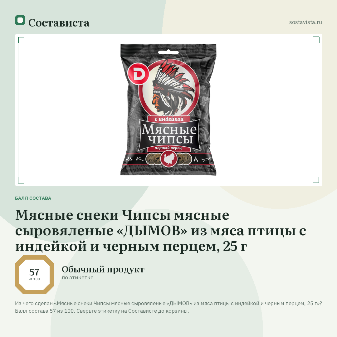 Мясные снеки Чипсы мясные сыровяленые «ДЫМОВ» из мяса птицы с индейкой и черным перцем, 25 г: балл состава 57 из 100 — Состависта