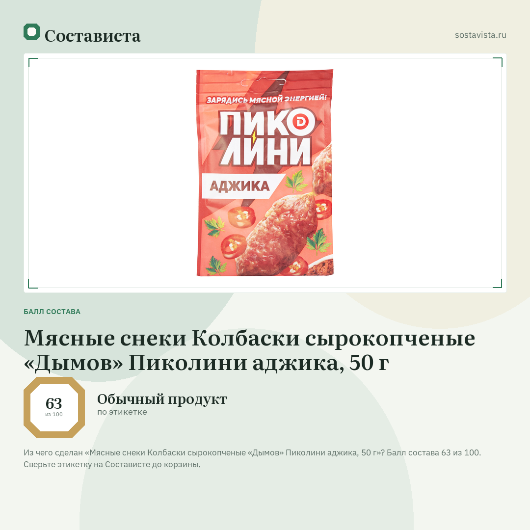 Мясные снеки Колбаски сырокопченые «Дымов» Пиколини аджика, 50 г: балл состава 63 из 100 — Состависта