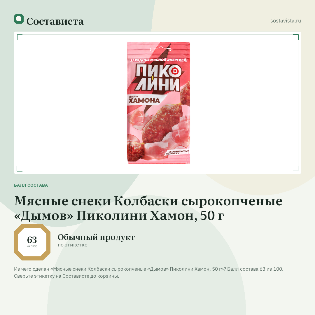 Мясные снеки Колбаски сырокопченые «Дымов» Пиколини Хамон, 50 г: балл состава 63 из 100 — Состависта