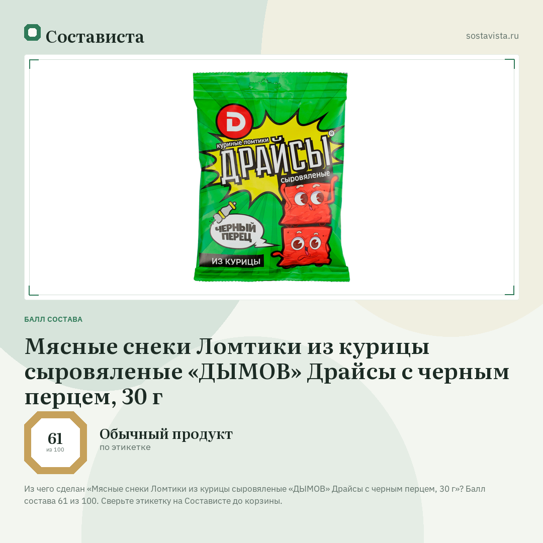 Мясные снеки Ломтики из курицы сыровяленые «ДЫМОВ» Драйсы с черным перцем, 30 г: балл состава 61 из 100 — Состависта