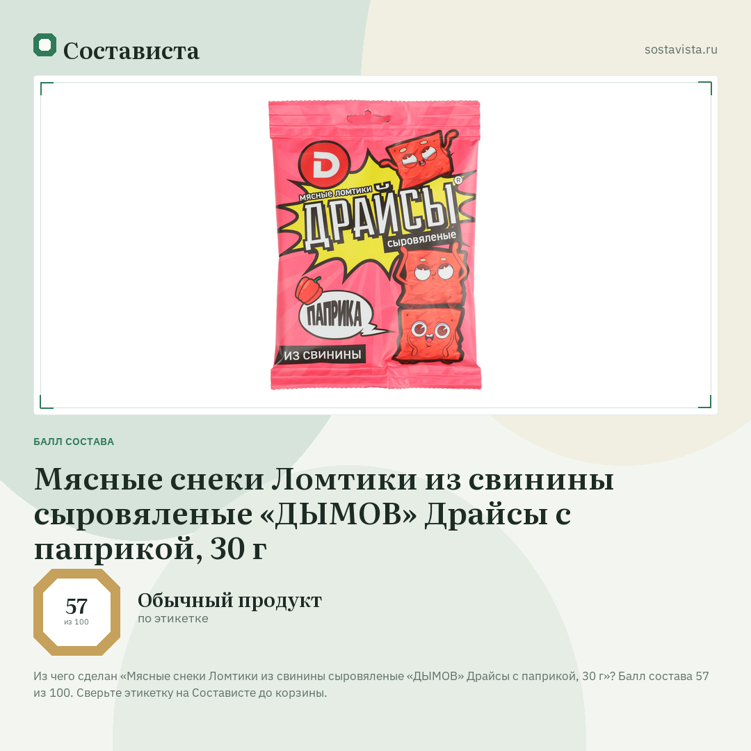 Мясные снеки Ломтики из свинины сыровяленые «ДЫМОВ» Драйсы с паприкой, 30 г: балл состава 57 из 100 — Состависта